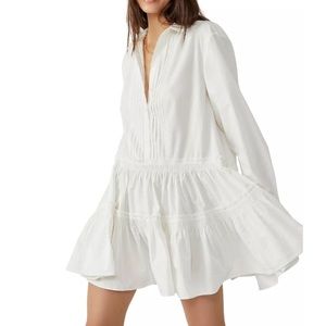 New Free People Billie Pleated Tiered Mini Dress in White